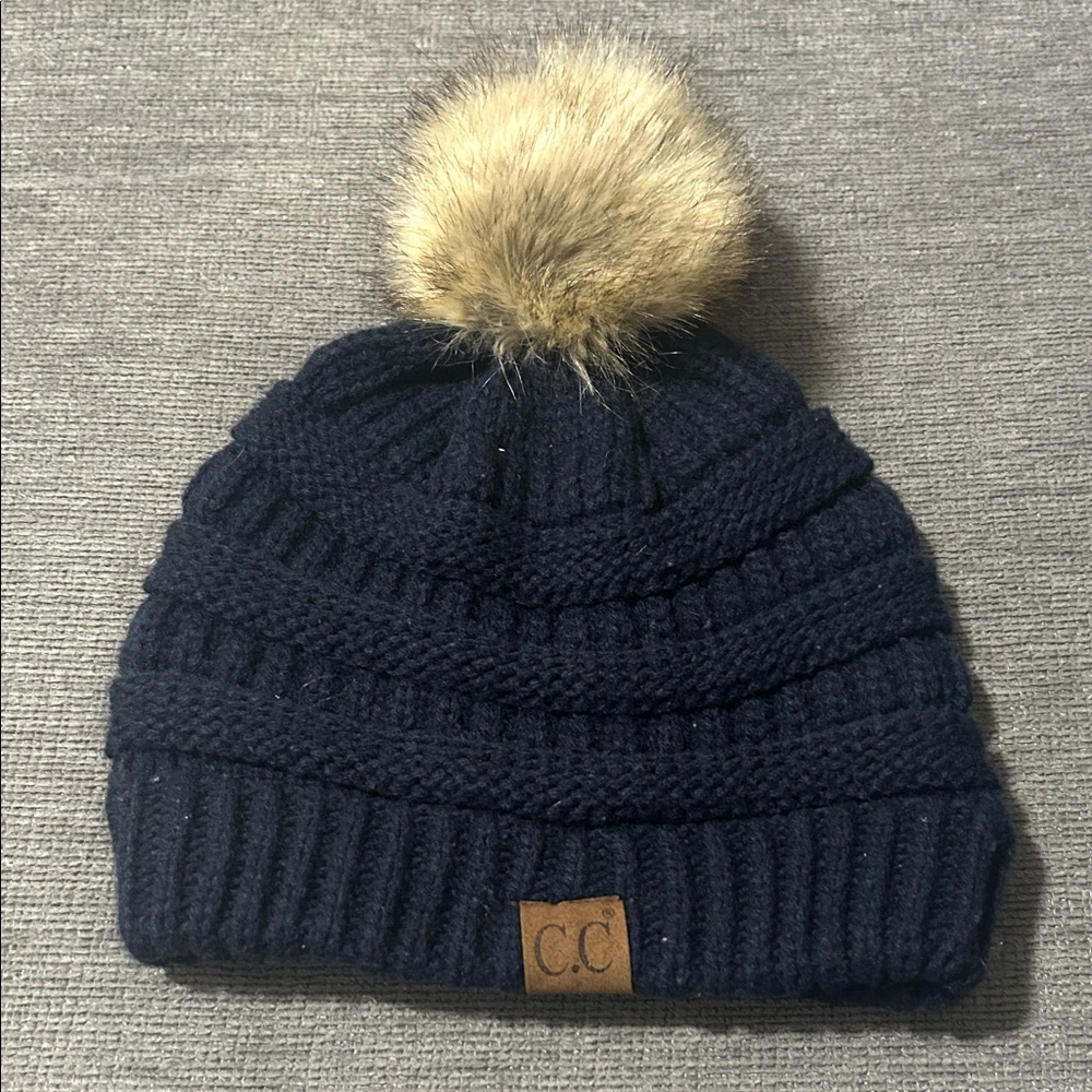 C.C Dark Blue Knit Beanie with Pom Pom